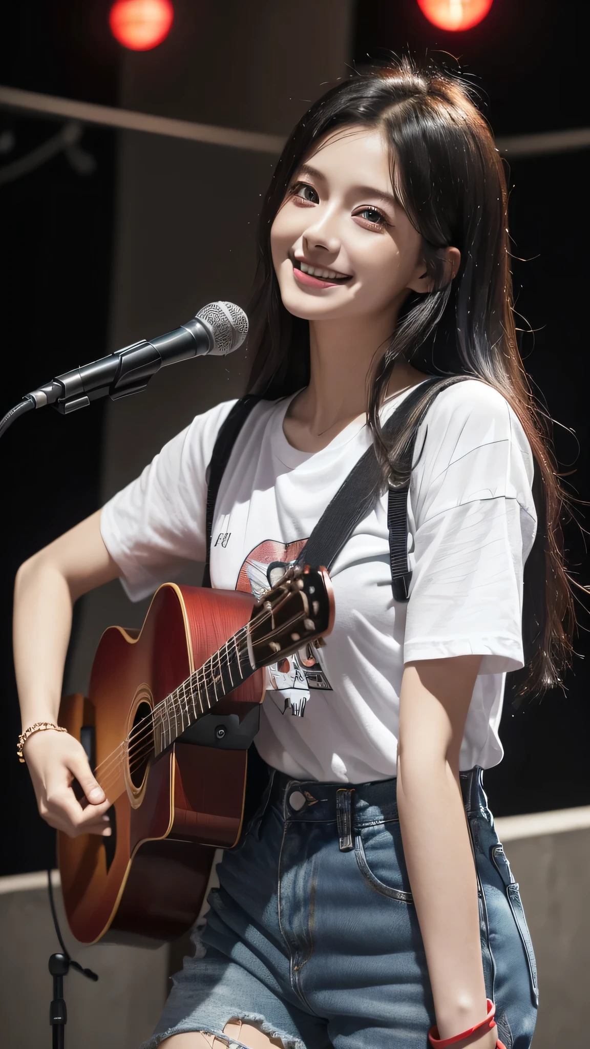 最high quality、Best image quality、masterpiece、girl((18-year-old、 By becoming、Best Bust、Medium Bust,Wide open breast tea、Red glowing eyes,Black Hair、Red Mesh、Disheveled Hair、Lointail、thin,The highest valley、Open chest、Luminous Wristbands、hair ornaments、Show the whole body,Black short sleeve T-shirt、Short denim trousers、Leaning forward、smile、Holding a guitar、Performance、sing)),high quality、Beautiful art、background((Large shopping malls,Street Museum))、Flight、Flying debris、Written boundary depth、movie、Visual Arts、Perfect art、8K,Genuine,