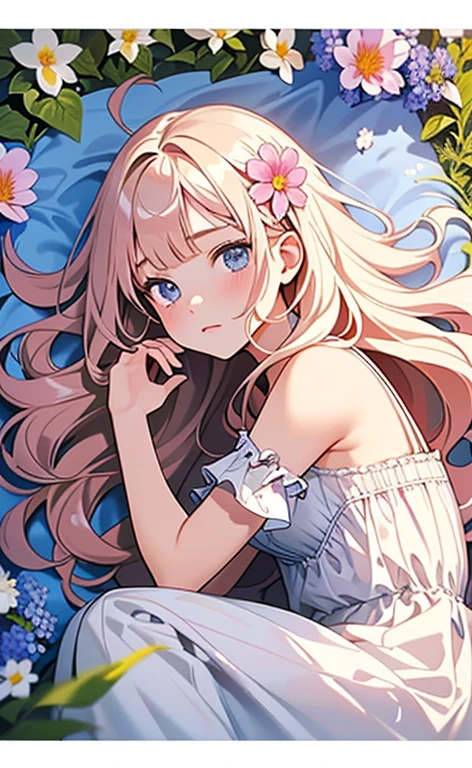 (masterpiece:1.4、top-quality、illustration:,realistic、)、(character focus、,cowboy shot:1.3)、(1girl),(clear face:1.3),(),cute face,blue eyes、(tareme:1.3)、(from above),
(Lying in a flower field:1.4),(fetal position:1.4)、(looking out:1.4),、
(pink blonde　hair),(very long hair:1.5)、
,(Flower Field:1.3、Flower storm:1.3),（white camisole dress:1.5),
(blunt bangs),(volumey,sidelocks,wavy hair:1.3), (small breasts)、
、slender、
