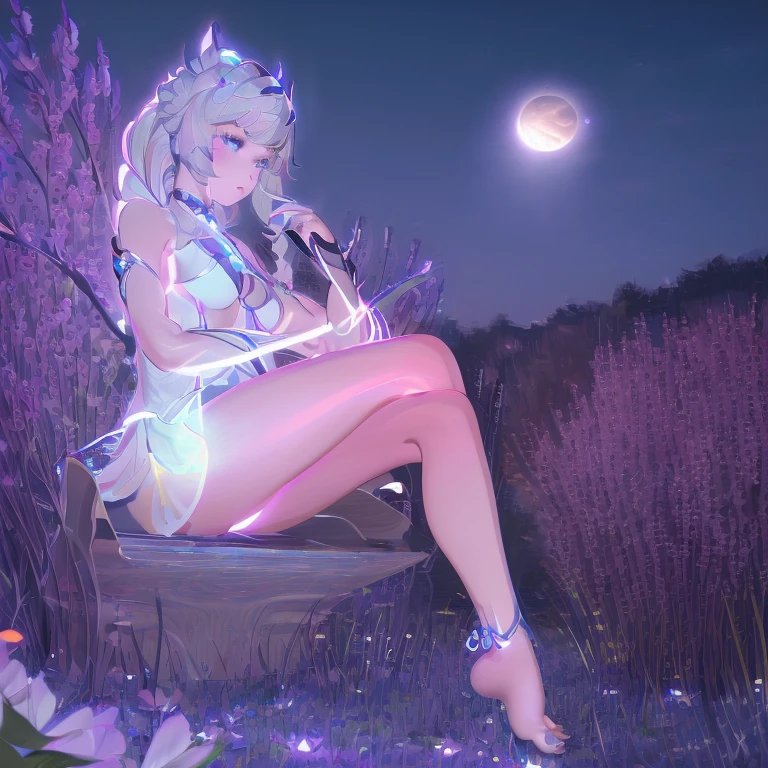 (best quality,4K,8k,high resolution,masterpiece:1.2),Ultra Detailed,(actual,photoactual,photo-actual:1.37),illustration,Soft Light,White hair girl,Deep purple eyes,Glowing eyes,sit down,barefoot,blush,Garden at night,Flowers.