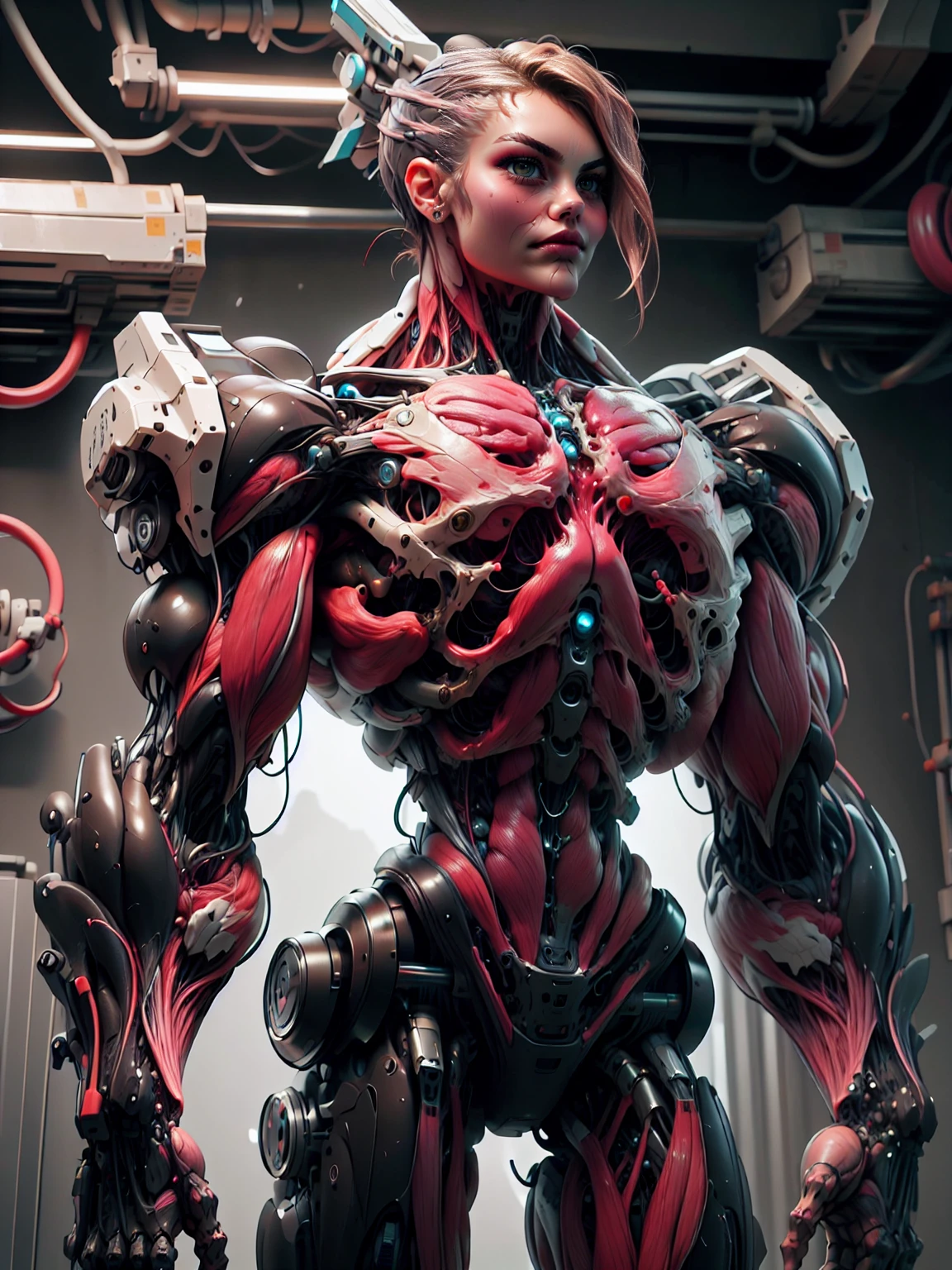 (1 girl), (cara delevingne), (muscular android girl wearing a black anatomic cybernetic muscle suit:1.25), (wide shoulders:1.25), (muscular defined physique:1.25), perfect hands, long hair, large breasts, high resolution image, extreme detail, blank background