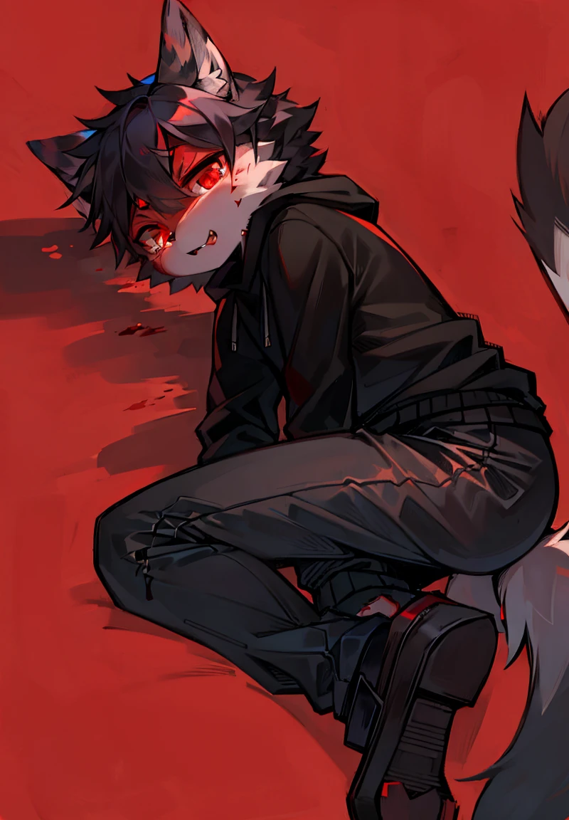 Cat,male,Furry ears,Fluffy tail,black sweatshirt,Black pants,high quality,Red pupils,Blood,dark,Wound