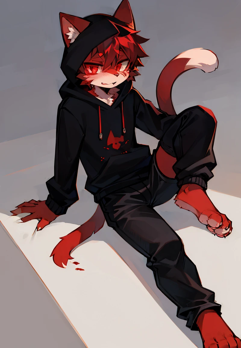 Cat,male,Furry ears,Fluffy tail,black sweatshirt,Black pants,high quality,Red pupils,Blood,dark,Wound