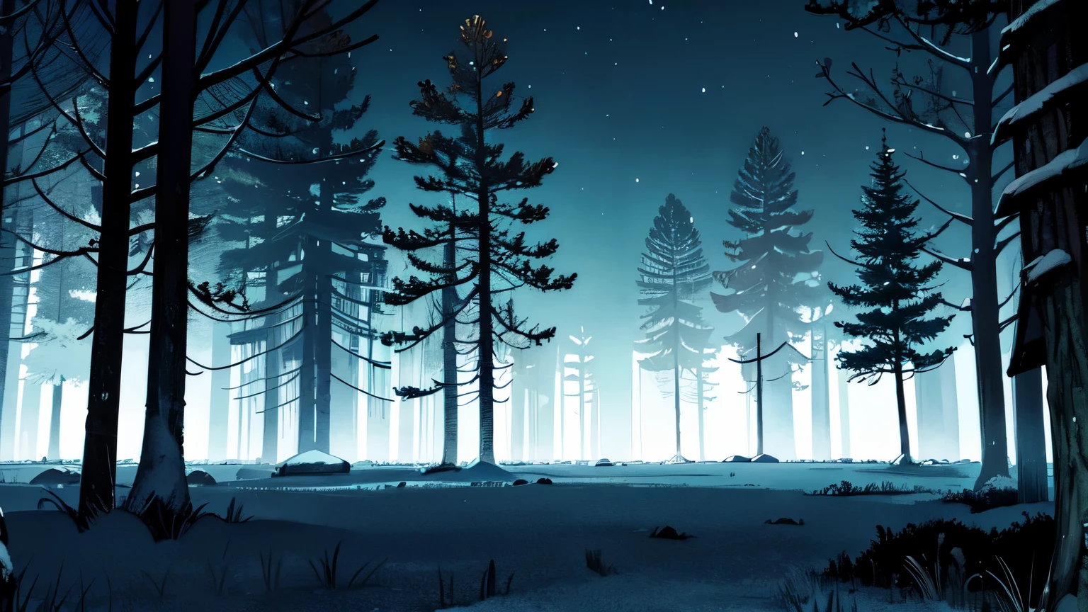 winter forest, night, ominous atmosphere, The sky is overcast, night
