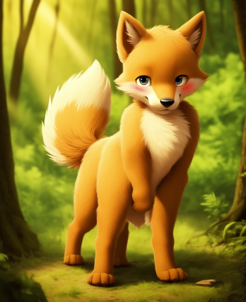 Dagashi, ( Hairy body) , (Realistic fur) , Are standing, Fluffy tail, blush, (:3), A cross between a boy and a dog, happy , Cinema Lighting ,4K, in the forest, cute　nude　Naked　Naked　Completely naked　sit down　Sit with your hands on the ground　On all fours　quadruped　Quadrupedal　