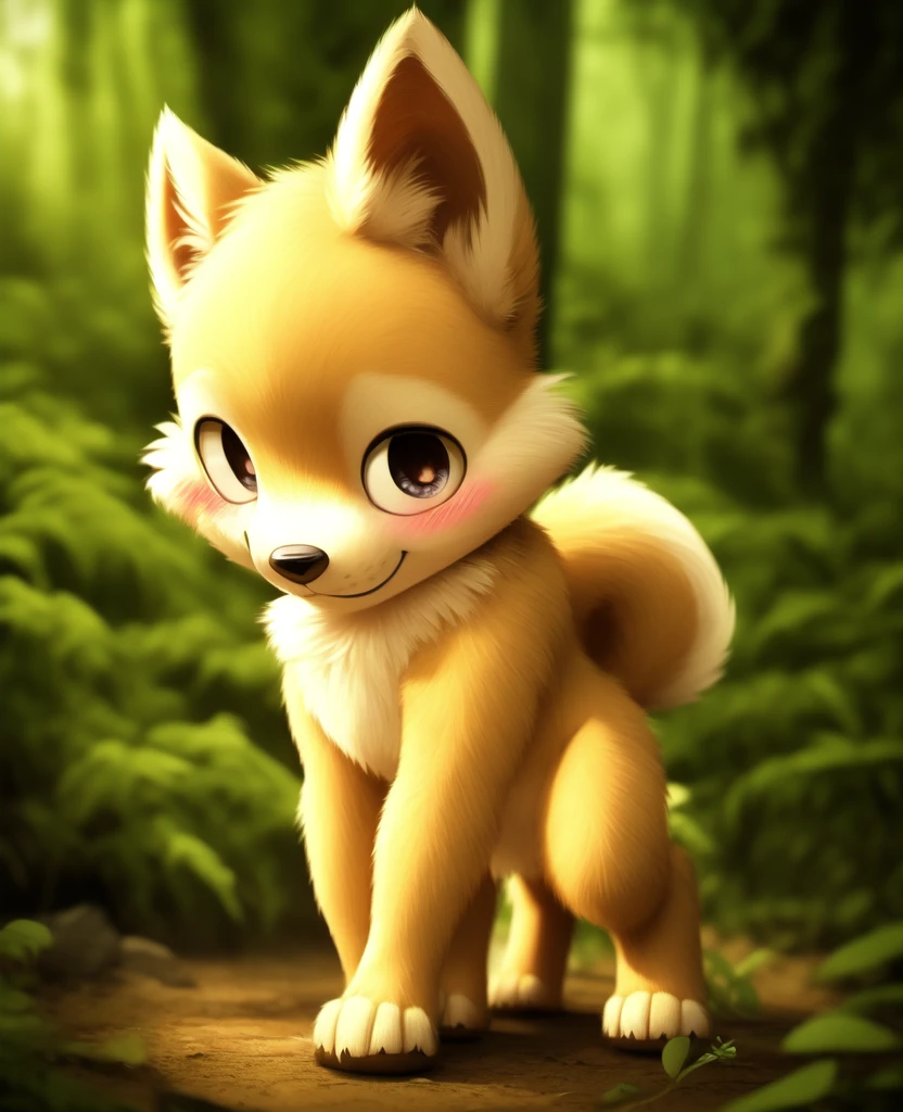 Dagashi, ( Hairy body) , (Realistic fur) , Are standing, Fluffy tail, blush, (:3), A cross between a boy and a dog, happy , Cinema Lighting ,4K, in the forest, cute nude Naked Naked Completely naked sit down Sit with your hands on the ground On all fours quadruped Quadrupedal
