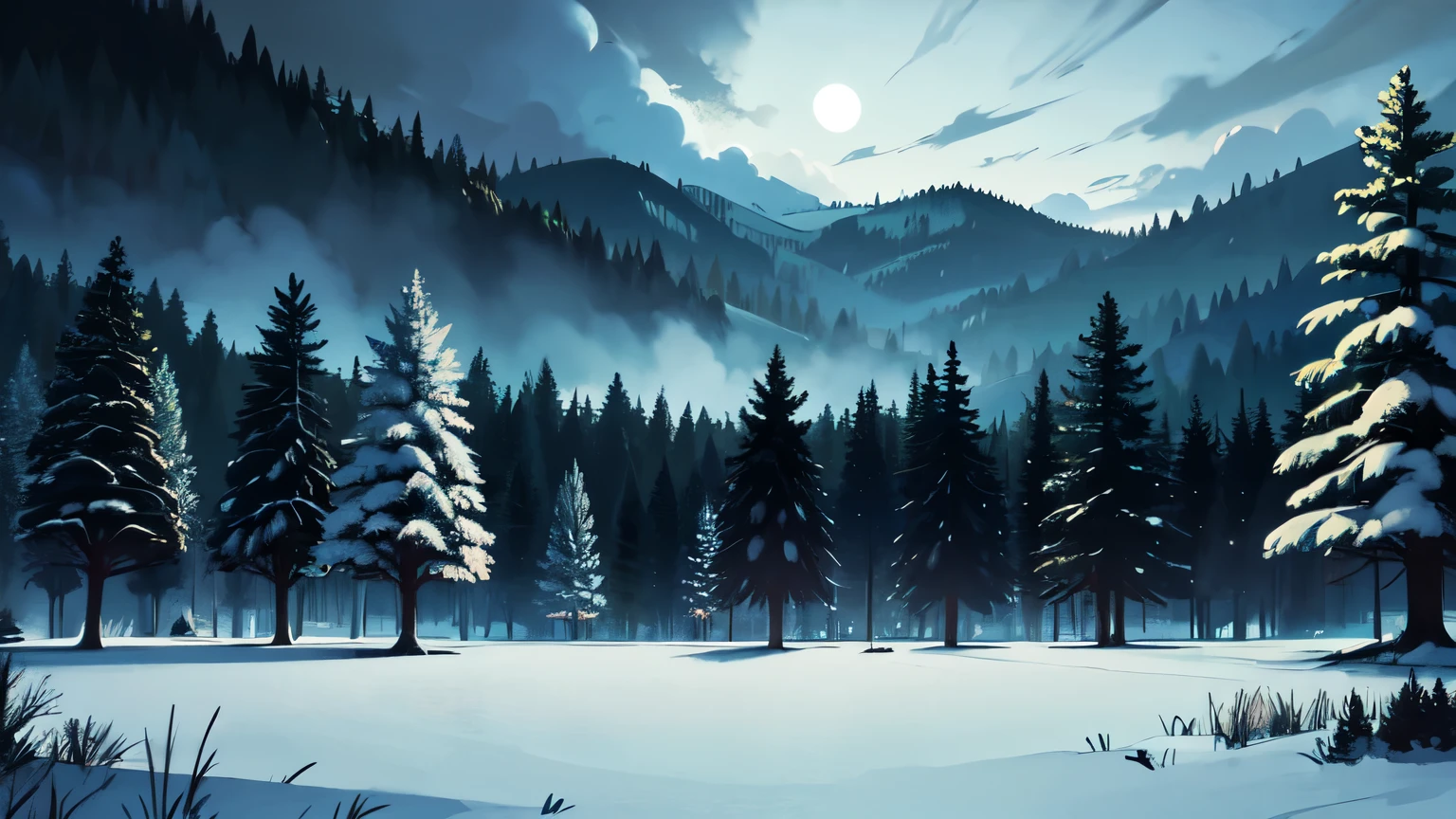 winter forest, night, ominous atmosphere, The sky is overcast, night