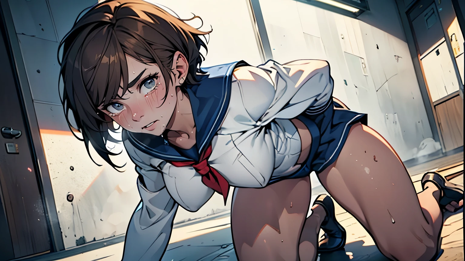 (High definition CG Unity 8k wallpaper). (masterpiece). (Highest quality). (Ultra definition). (Best illustration). (Best Shadow). (Absurd). 15 year old femboy. It's embarrassing. Sweat. steam. stare. Bob cut hairstyle. brown hair. Sailor suit. Navy shorts. Upturned eyes. , glowing fluorescent lights. Full body portrait. femboy.