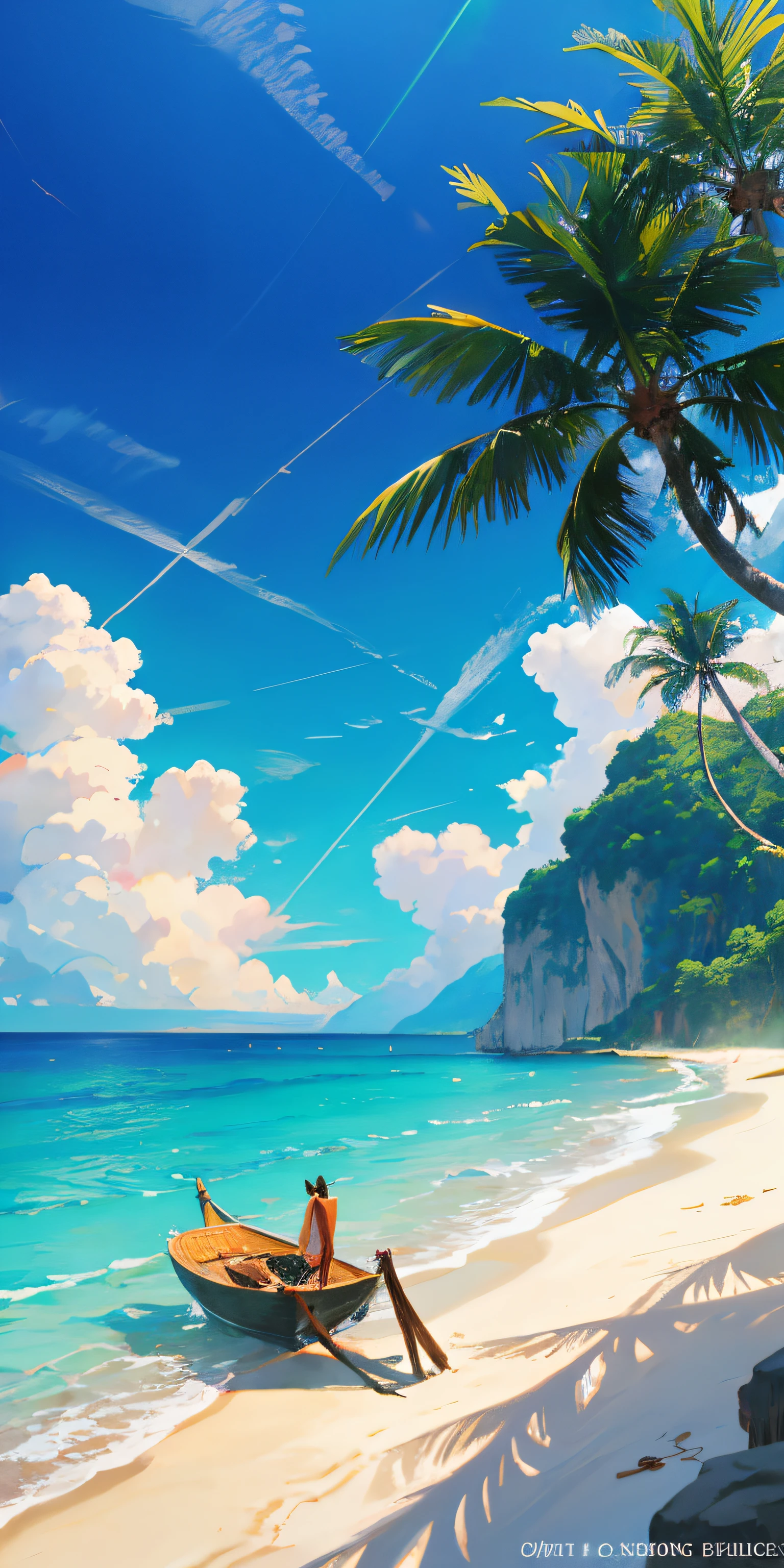 realistically、Plages tropicales、Il y a un bateau en bois、Il y a de gros rochers