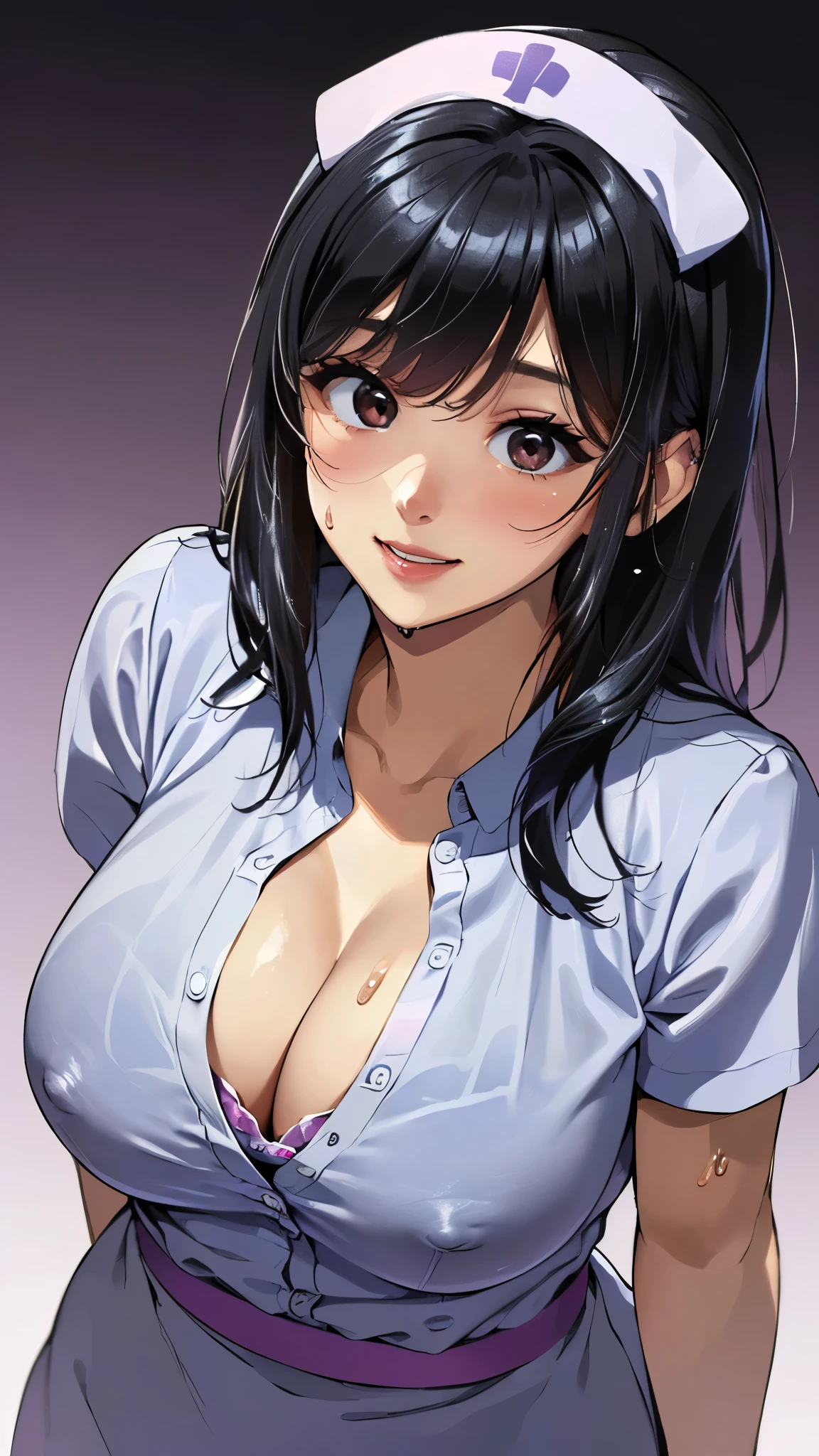 ((highest quality、Masterpiece、High resolution))、(((Zoom photo of upper body:1.95、Looking up、、Glasses、Idol、Beautiful Skin、semen、Wet body、Wet Hair、Nurse uniform、Cute Smile:2.5、Cleavage、Large Breasts、hospital、Black Hair、Medium Hair)))