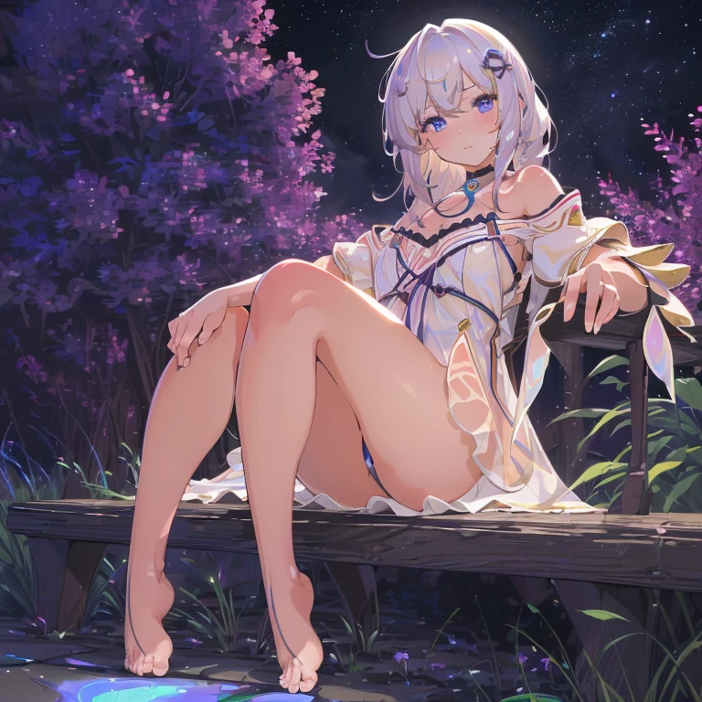 (best quality,4K,8k,high resolution,masterpiece:1.2),Ultra Detailed,(actual,photoactual,photo-actual:1.37),illustration,Soft Light,White hair girl,Deep purple eyes,Glowing eyes,sit down,barefoot,blush,Garden at night,Flowers.