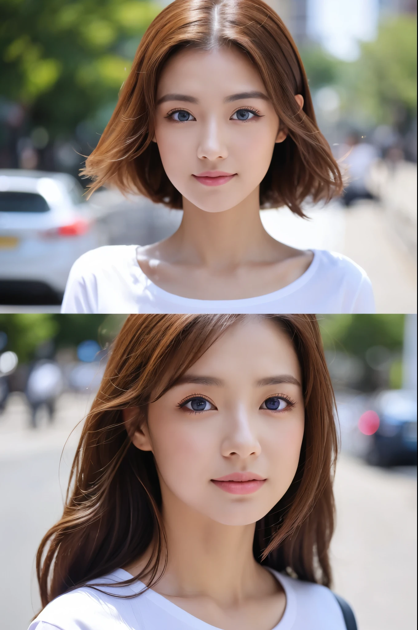 「highest quality、8K、masterpiece(1.3 times)、Sharp focus(1.2 times)、Beautiful woman with perfect figure(1.4 times)、Slim Abs(1.2 times)、Light brown hair、White T-shirt、Not exposed、Natural light and city street(1.1 times)、Highly detailed face and skin texture、Delicate eyes、double eyelid」