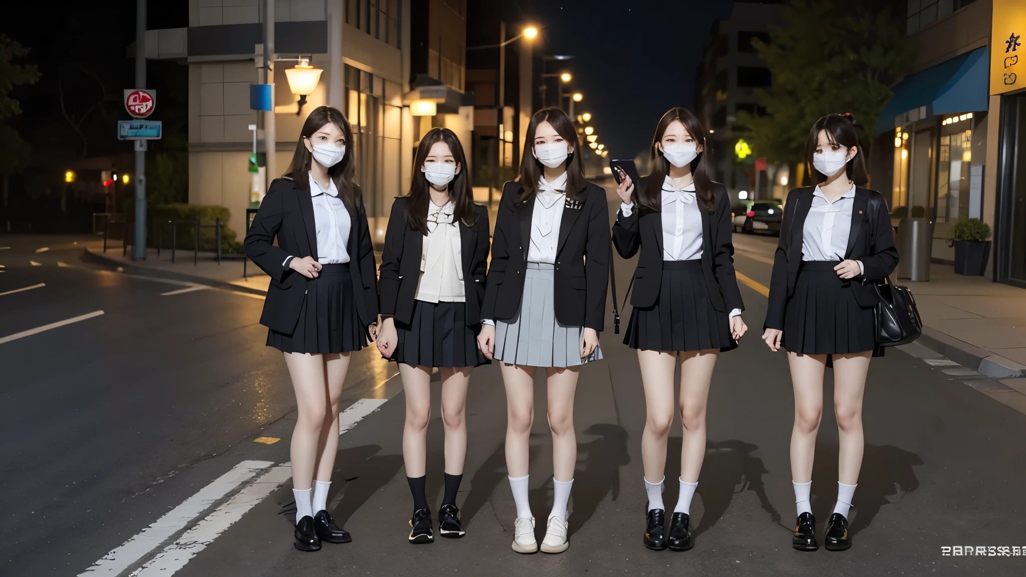 4girl,bob cut,short ponytails,beautiful girl,20 years old,,akb48,nogizaka46,long hair, short hair, multiple girls, skirt, brown hair, shirt, black hair, long sleeves, bow, standing, jacket, white shirt, pleated skirt, outdoors, open clothes, shoes, socks, collared shirt, hood, miniskirt, bowtie, black skirt, bag, black footwear, open jacket, kneehighs, 4girls, backpack, cardigan, loafers, (hold a smartphone in hand:1.3),midnight,street light,downtown at night,(dark night road:1.5),(white mask:1.5),stand evenly against the wall,