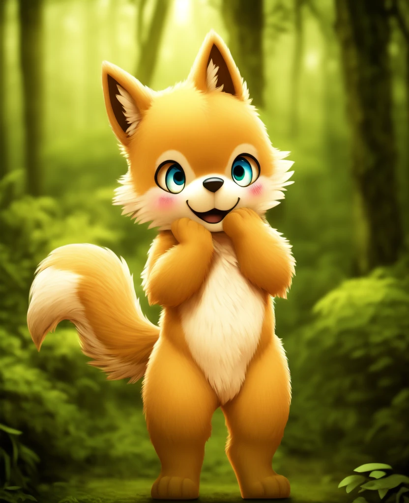 Dagashi, ( Hairy body) , (Realistic fur) , Are standing, Fluffy tail, blush, (:3), A cross between a boy and a dog, happy , Cinema Lighting ,4K, in the forest, cute nude Naked Naked Completely naked
