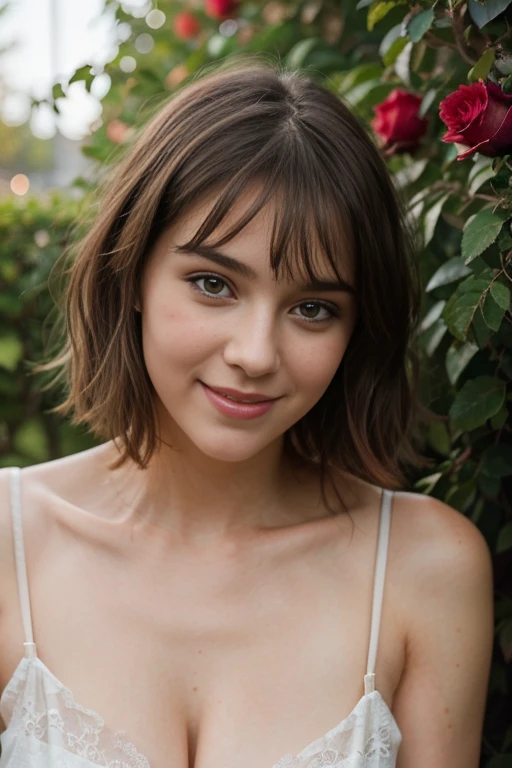 a woman, 25 year old, delicate, cheveux de longueur moyenne, cheveux bruns, skin details, sourire romantique, seductive look, pores de la peau, éclairé par les flashs des photographes, posing, photoshoot, inside a huge bushes of red roses, pink lingery