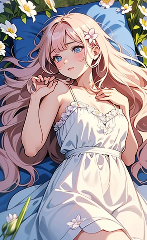 (masterpiece:1.4、top-quality、illustration:,realistic、)、(character focus、,cowboy shot:1.3)、(1girl),(clear face:1.3),(),cute face,blue eyes、(tareme:1.3)、(from above),
(Lying in a flower field:1.4),(fetal position:1.4)、(looking out:1.4),、
(pink blonde hair),(very long hair:1.5)、
,(Flower Field:1.3、Flower storm:1.3),(white camisole dress:1.5),
(blunt bangs),(volumey,sidelocks,wavy hair:1.3), (small breasts)、
、slender、