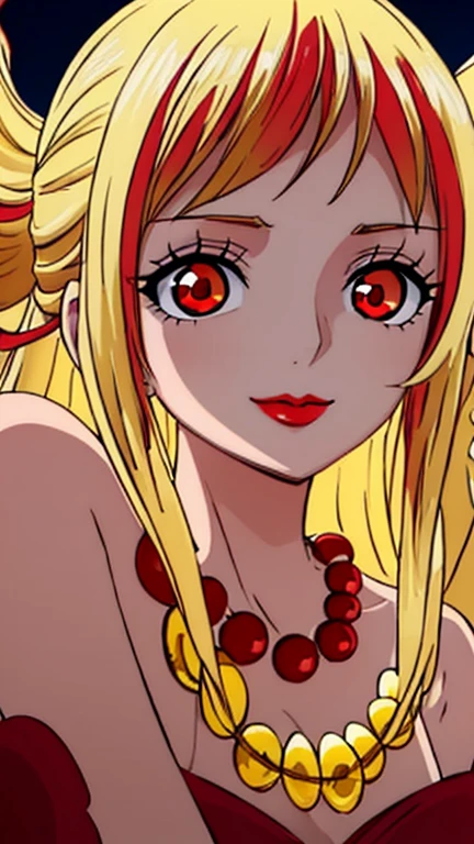 Beautiful anime girl, solo, 1girl, looking at viewer, cute, beautiful, red eyes, long hair, open hair, blonde hair, braided hair, StrawHat, one piece, smiling, light skin, red lips, anime, best quality, masterpiece, extremely detailed, 4k, red eyes, beautiful red eyes, detailed face, detailed eyes, golden necklace, golden earings, extremely beautiful, high quality eyes, hair covering one eye, wanostyle, ((masterpiece)), (best quality), (extremely detailed), depth of field, sketch, dark intense shadows, sharp focus, soft lighting, hdr, colorful, good composition, spectacular, (Highest quality illustrations:1.2), (Kawaii Girl:1.1), (1girl in, solo:1.5), One pose、Neat and clean image、ultradetailed eyes:1.2), ((red-eyed、Blonde hair:1.5))、hair wavy、curlyhair, hair wavy、BREAK(top-quality、ultra-detailliert、highly detailed and beautiful、超A high resolution、Detailed arm:1.2), Wink, prom background, pirate, high quality jewelry, red prom dress,