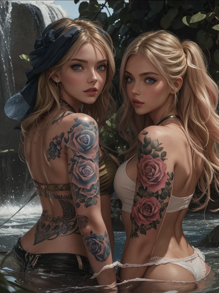 Two Beautiful girl , slim fit body , blonde hair, , crop top , rose pink lips, blushed cheeks, cute face , detailed skin, blue eyes, slim waist tattooed body