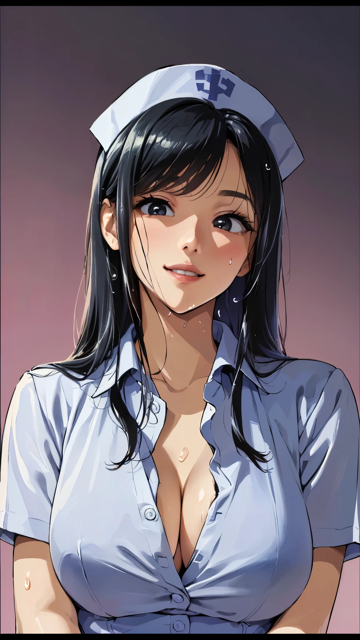 ((highest quality、Masterpiece、High resolution))、(((Zoom photo of upper body:1.95、Looking up、15 years old、Idol、Beautiful Skin、semen、Wet body、Wet Hair、Nurse uniform、Cute Smile:2.5、Cleavage、Large Breasts、hospital、Black Hair、Medium Hair)))