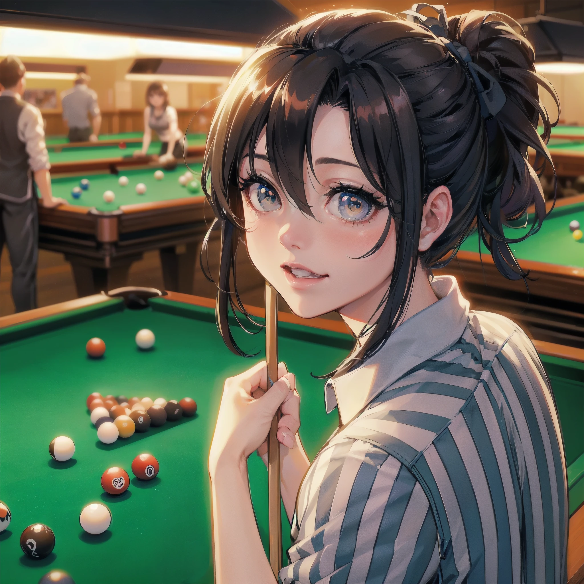 high quality,HD,16k,sharp lines,1 girl,Female billiard athlete ,cute face, large breasts, nice legs,At the billiard venue,focus girl,detailed beautiful face,detailed clothes,beautiful eyes,cool,dynamic angle