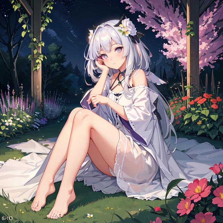 (best quality,4K,8k,high resolution,masterpiece:1.2),Ultra Detailed,(actual,photoactual,photo-actual:1.37),illustration,Soft Light,White hair girl,Deep purple eyes,Glowing eyes,sit down,barefoot,blush,Garden at night,Flowers.