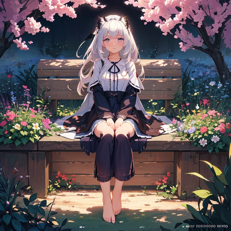 (best quality,4K,8k,high resolution,masterpiece:1.2),Ultra Detailed,(actual,photoactual,photo-actual:1.37),illustration,Soft Light,White hair girl,Deep purple eyes,Glowing eyes,sit down,barefoot,blush,Garden at night,Flowers.