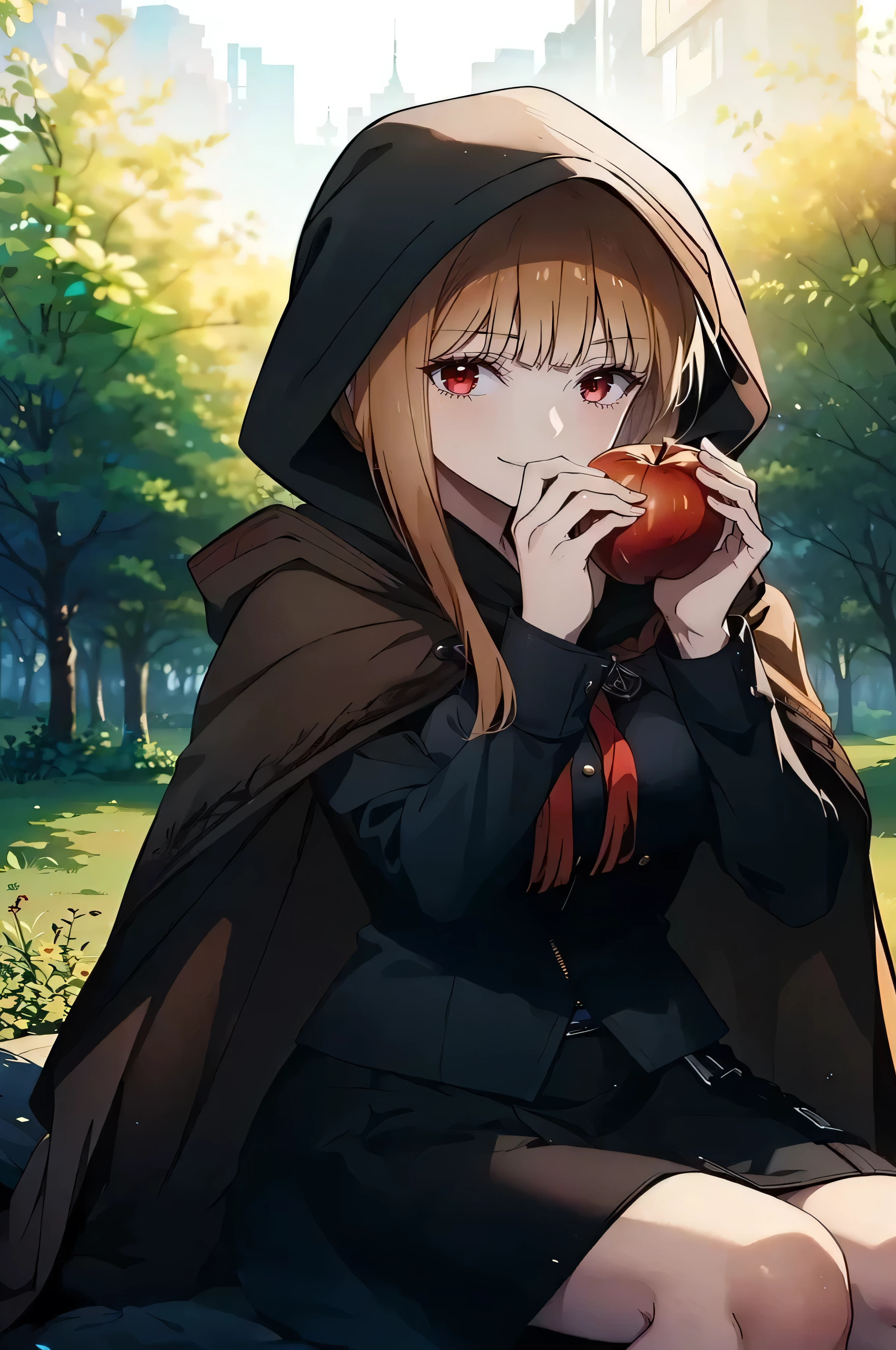 (masterpiece, best quality, highres, dynamic lighting), 1girl, holo from spice and wolf. smile,fang, sitting, blush, looking at viewer, fang out, holding, apple, bite, eating apple, long skirt, skirt, cape, hood up, long sleeves, forrest, trees, bushes,