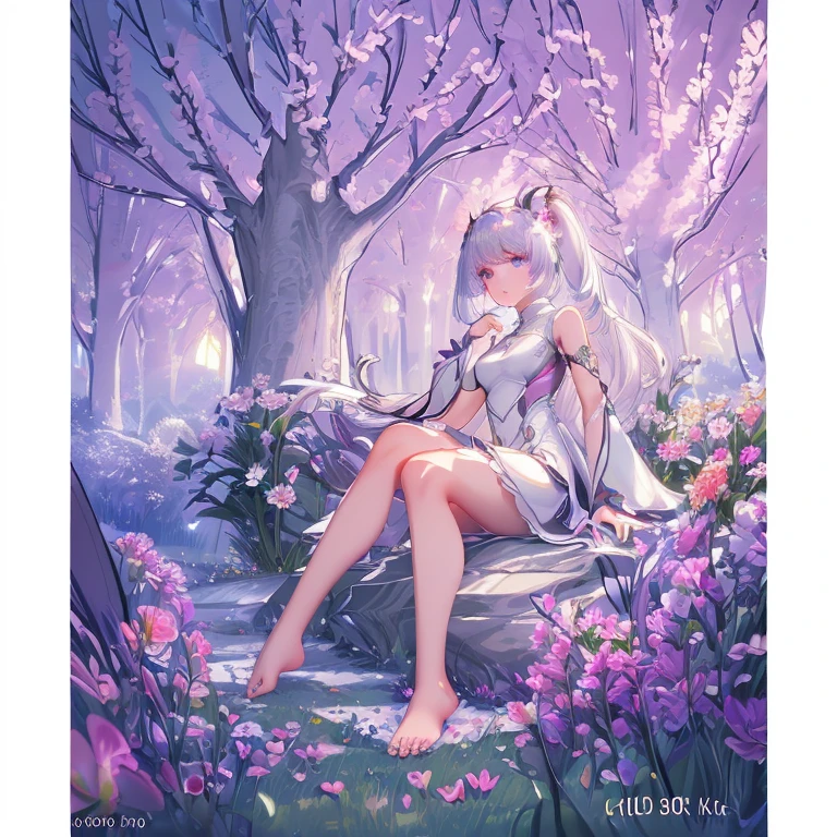 (best quality,4K,8k,high resolution,masterpiece:1.2),Ultra Detailed,(actual,photoactual,photo-actual:1.37),illustration,Soft Light,White hair girl,Deep purple eyes,Glowing eyes,sit down,barefoot,blush,Garden at night,Flowers.