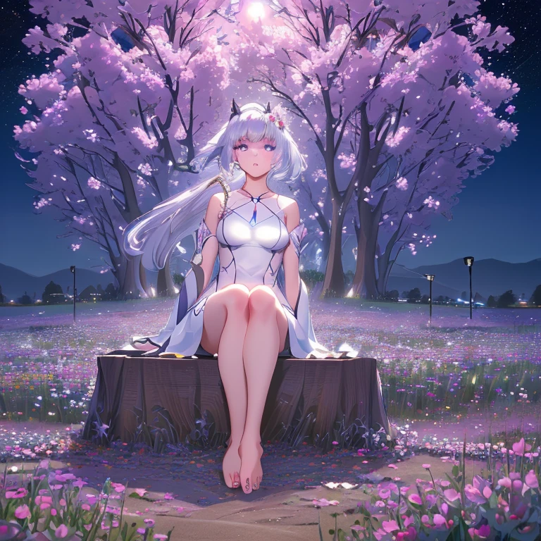 (best quality,4K,8k,high resolution,masterpiece:1.2),Ultra Detailed,(actual,photoactual,photo-actual:1.37),illustration,Soft Light,White hair girl,Deep purple eyes,Glowing eyes,sit down,barefoot,blush,Garden at night,Flowers.