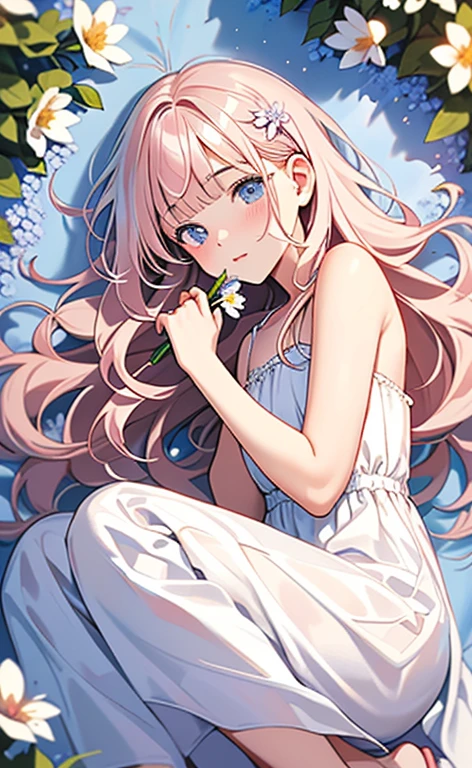 (masterpiece:1.4、top-quality、illustration:,realistic、)、(character focus、,cowboy shot:1.3)、(1girl),(clear face:1.3),(),cute face,blue eyes、(tareme:1.3)、(from above),
(Lying in a flower field:1.4),(fetal position:1.4)、(looking out:1.4),、
(pink blonde hair),(very long hair:1.5)、
,(Flower Field:1.3、Flower storm:1.3),(white camisole dress:1.5),
(blunt bangs),(volumey,sidelocks,wavy hair:1.3), (small breasts)、
、slender、