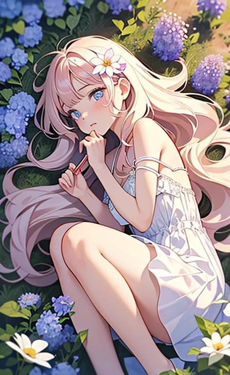 (masterpiece:1.4、top-quality、illustration:,realistic、)、(character focus、,cowboy shot:1.3)、(1girl),(clear face:1.3),(),cute face,blue eyes、(tareme:1.3)、(from above),
(Lying in a flower field:1.4),(fetal position:1.4)、(looking out:1.4),、
(pink blonde　hair),(very long hair:1.5)、
,(Flower Field:1.3、Flower storm:1.3),（white camisole dress:1.5),
(blunt bangs),(volumey,sidelocks,wavy hair:1.3), (small breasts)、
、slender、