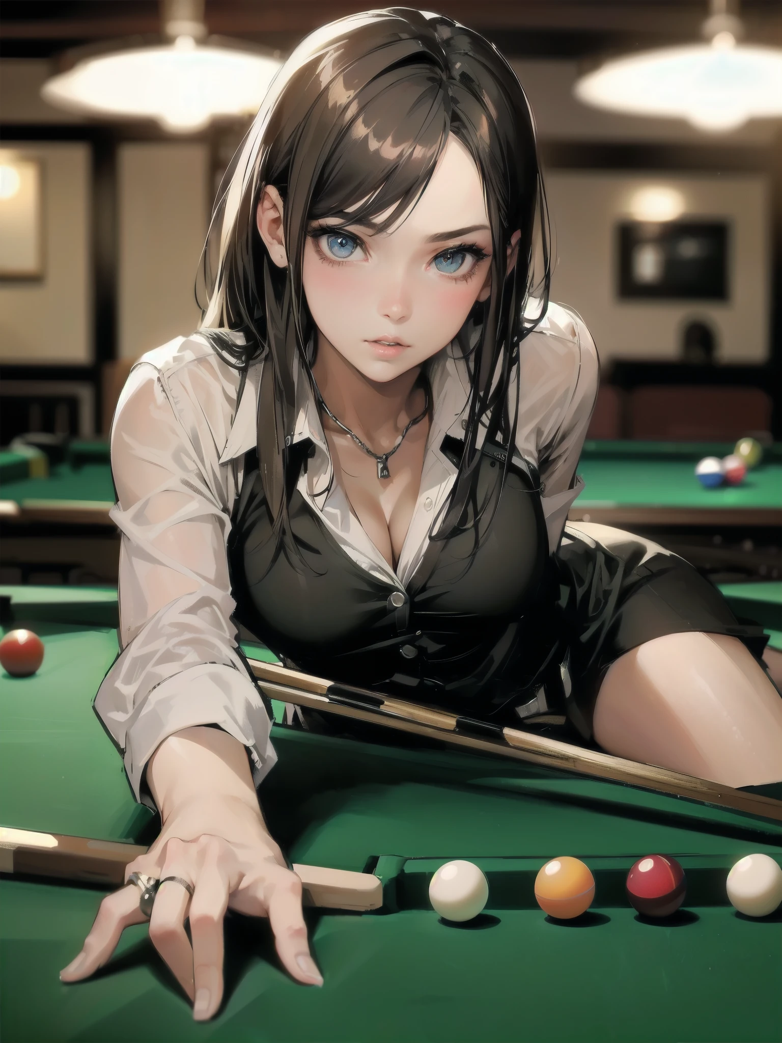 high quality,HD,16k,sharp lines,1 girl,Female billiard athlete ,cute face, large breasts, nice legs,At the billiard venue,focus girl,detailed beautiful face,detailed clothes,beautiful eyes,cool,dynamic angle