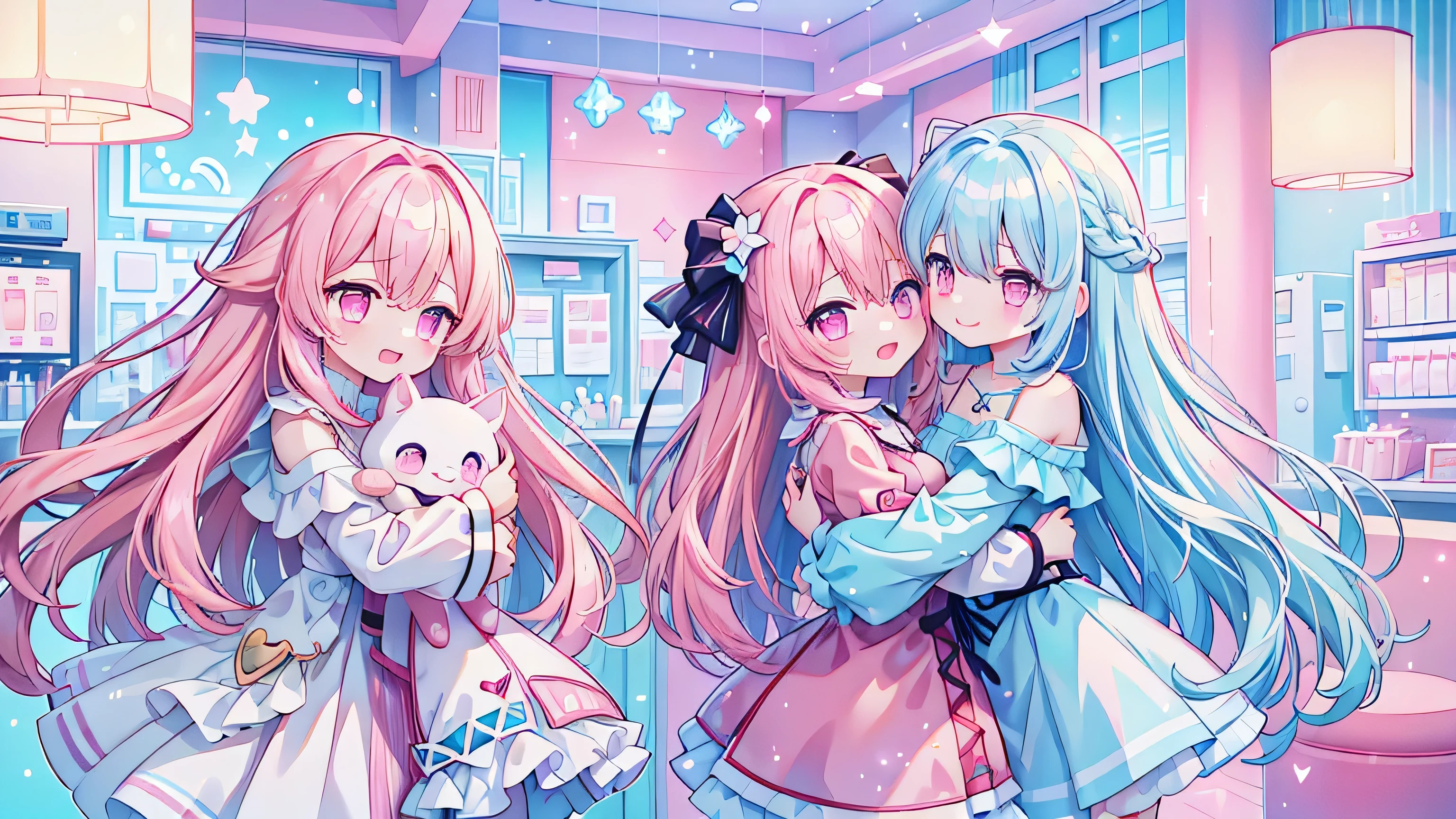 Two girls,A long pink hair、Girl with pink eyes,And a light blue hair、Girl with pink eyes,Hug each other,Pink long hair girl smiling,Light blue hair girl crying,