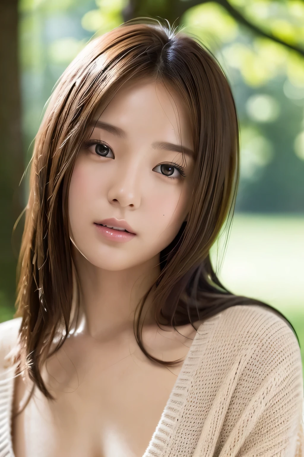 8k, highest quality, masterpiece, Realistic, Realistic, Very detailed, Natural light, Highly detailed face and skin, Fine grain, Highly detailed face and skinの中間ショット, Beautiful woman staring at camera, Sexy pose, Beautiful Face, Realistic Face, Detailed face, Beautiful hairstyle, Realistic eyes, fine grain, Realistic Skin, Detailed skin, Beautiful Skin, charm, Ultra-realistic, Sexy Cardigan, kind, Brown Hair, Cute Japanese Girl, whole body, Topless, Nipples stick out
