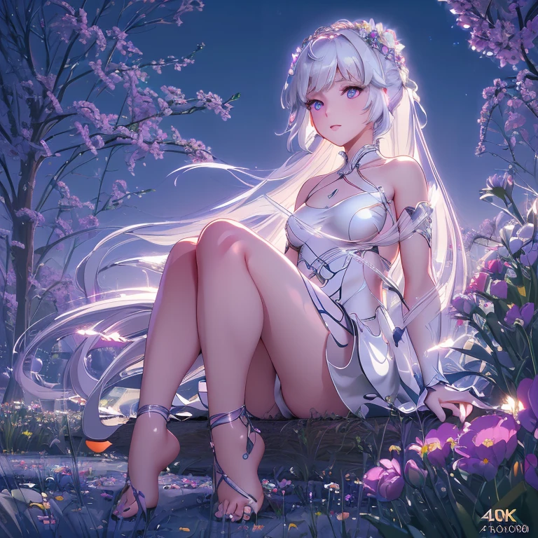 (best quality,4K,8k,high resolution,masterpiece:1.2),Ultra Detailed,(actual,photoactual,photo-actual:1.37),illustration,Soft Light,White hair girl,Deep purple eyes,Glowing eyes,sit down,barefoot,blush,Garden at night,Flowers.