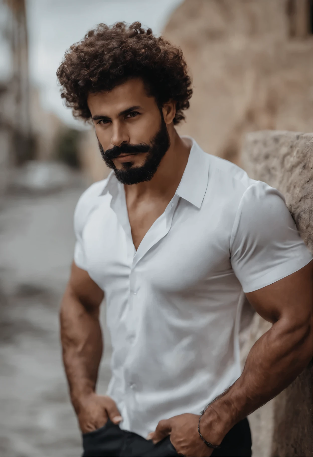 Homem africano musculoso com barba e bigode na camisa branca, best quality,4k,8k,homem muito atraente com barba, pelos faciais bem cuidados, FOFO, breath-taking, Realista, imagem ultrarrealista, Bigode Natural, macho velho,foto retrato suave 8 k, retrato muito detalhado, bigode grosso, estilo hiper-realista, barba fina e brilhante, pelos faciais curtos, Bartstoppeln, FOFO, rosto detalhado, retrato ultra realista, cabelos grisalhos,terno elegante, boca aberta, soccer player, soccer black jersey, curly hair 