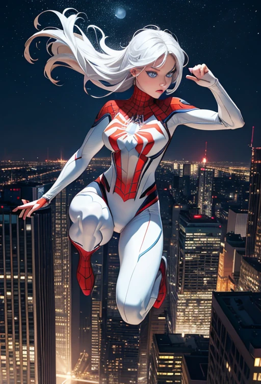 (Masterpiece, 4k resolution, ultra-realistic, very detailed), (White superhero theme, charismatic, there's a girl on top of town, wearing Spider-Man costume, she's a superhero), [ ((25 years), (long white hair:1.2), full body, (blue eyes:1.2), ((Spider-Man pose),show of strength, jumping from one building to another), ((sandy urban environment):0.8)| (cityscape, at night, dynamic lights), (full moon))] # Explanation: The Prompt mainly describes a 4K painting of ultra-high definition, very realistic, very detailed. It shows a superheroine at the top of the city, wearing a Spider-Man costume. The theme in the painting is a white superhero theme, the female protagonist has long white hair, is 25 years old and her entire body is shown in the painting. In terms of portraying the actions of superheroines, spiders are employed