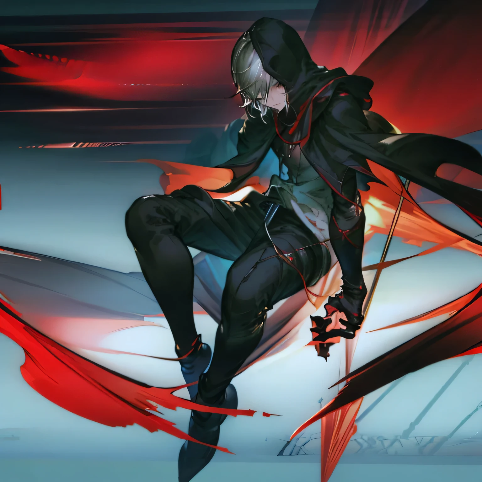 1man, cold, neutral, strict, uncaring expression, headless, covered by hoodie straight black hair, short hair, red eyes, mysterious, pale skin, dull colors, cape, hoodie, 29yo, adult face, sharp focus, mature, solo, masculine, cinematic lighting, perfect limbs, ID photo
