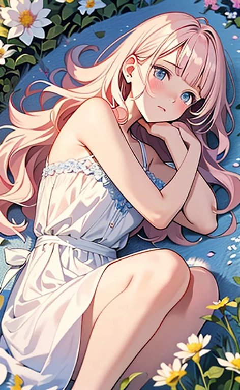 (masterpiece:1.4、top-quality、illustration:,realistic、)、(character focus、,cowboy shot:1.3)、(1girl),(clear face:1.3),(),cute face,blue eyes、(tareme:1.3)、(from above),
(Lying in a flower field:1.4),(fetal position:1.4)、(looking out:1.4),、
(pink blonde　hair),(very long hair:1.5)、
,(Flower Field:1.3、Flower storm:1.3),（white camisole dress:1.5),
(blunt bangs),(volumey,sidelocks,wavy hair:1.3), (small breasts)、
、slender、