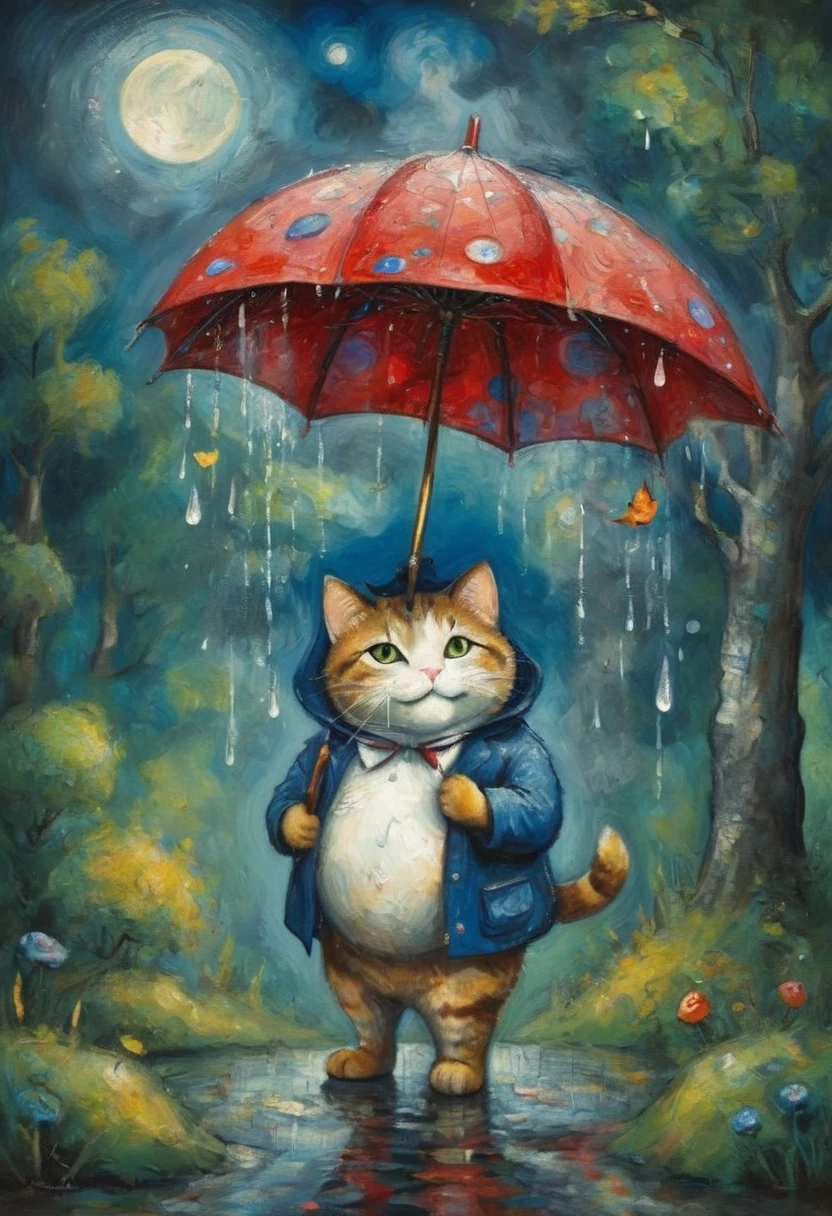a chibi fat cat with a umbrella, raining, In the night woods, ((Marc Chagall style)), magical naive art, primitivism, protogen, ((Best quality, masterpiece)),
((((Highest detail), Impressionism:1,1, 8K