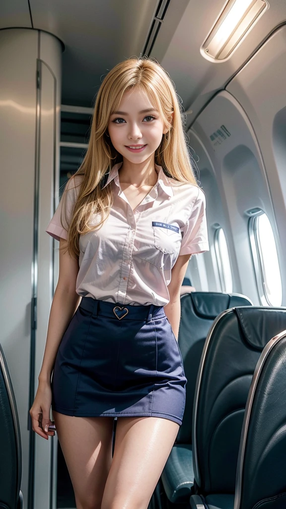 Ultra-high resolution, Ultra-realistic, (whole body), Gorgeous young girl, 24-years-old, Narrow waist, (skinny:1.6), Thin legs, Wearing a pink and navy blue stewardess uniform, blonde, 珰, Collier en or, compensate:1.1, The background is in-flight、((What a lovely smile))、（Sexy、Attractive eyes）