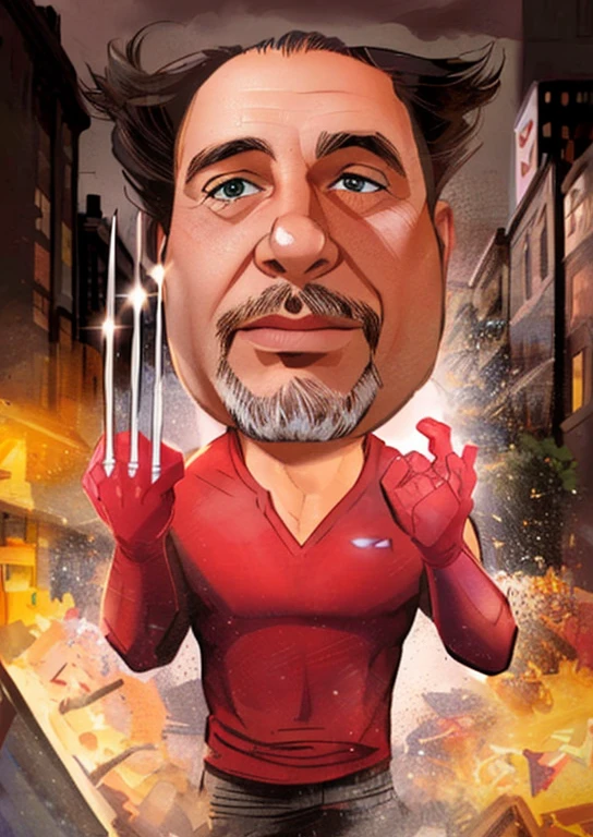 JIM EIDOMODE, 4K, a close-up of a cartoon of a man with a knife and fork, Danny DeVito as Wolverine, Danny Devito as Iron Man, caricature style, caricature illustration, Tony Stark, highly detailed tony sart, cartoon portrait animated, caricature!!!, caricature, caricature, in cartoon style, inspired by Tony Sart, John McAfee as Ironman, tom cruise as Tony Stark