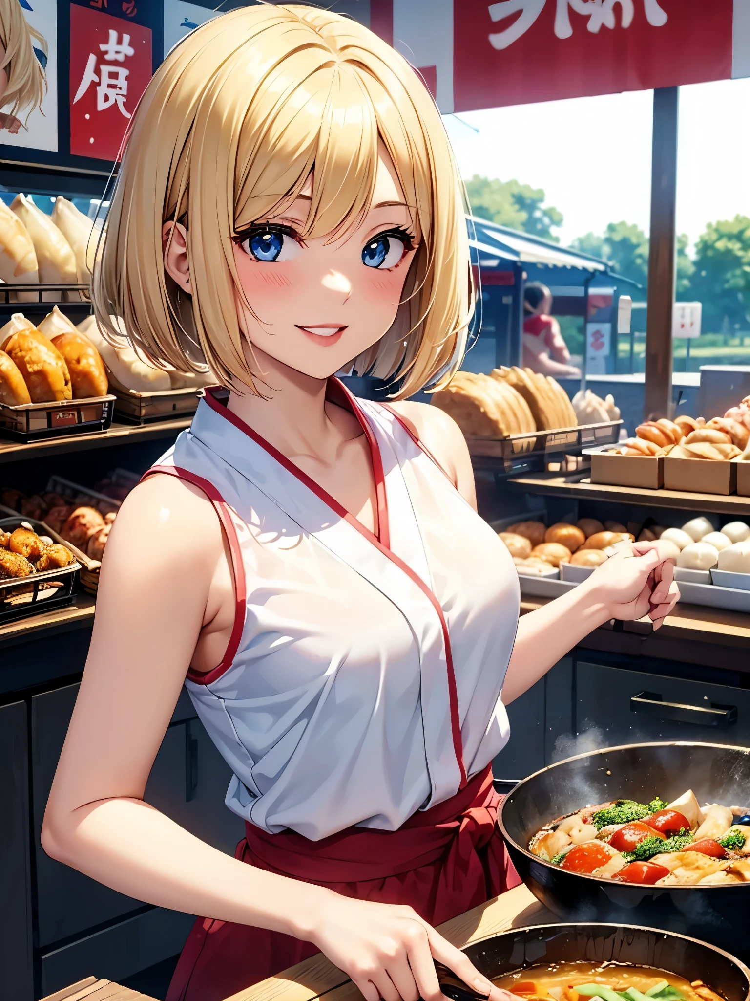 masterpiece, best quality, 1 girl, Blond hair, messy out bob cut, blue eyes, red shiny lipstick, sports sleeveless top, naughty light smile, Japan market stall, food stall, store clerk, cooking,