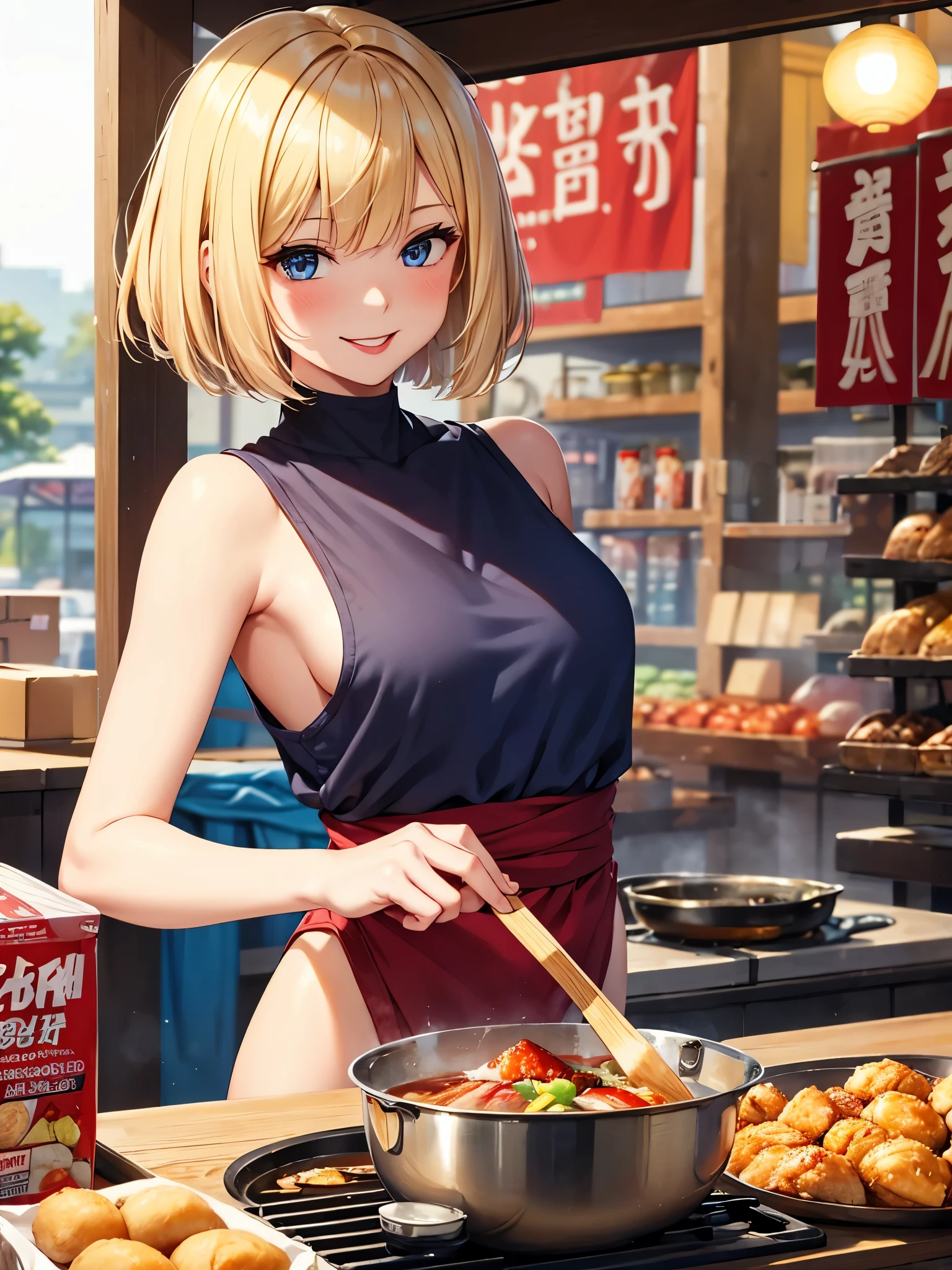 masterpiece, best quality, 1 girl, Blond hair, messy out bob cut, blue eyes, red shiny lipstick, sports sleeveless top, naughty light smile, Japan market stall, food stall, store clerk, cooking,