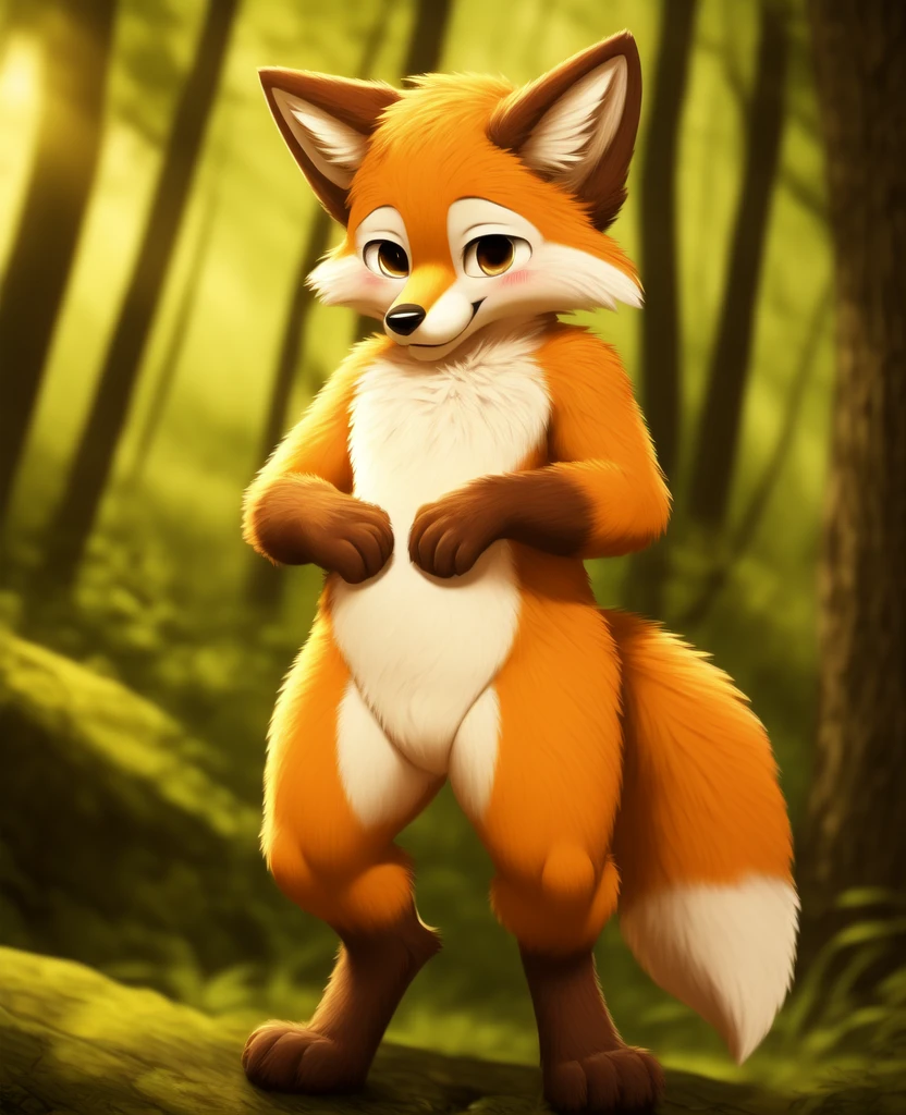 Dagashi, ( Hairy body) , (Realistic fur) , Are standing, Fluffy tail, blush, (:3), A cross between a boy and a fox, happy , Cinema Lighting ,4K, in the forest, cute nude Naked Naked Completely naked