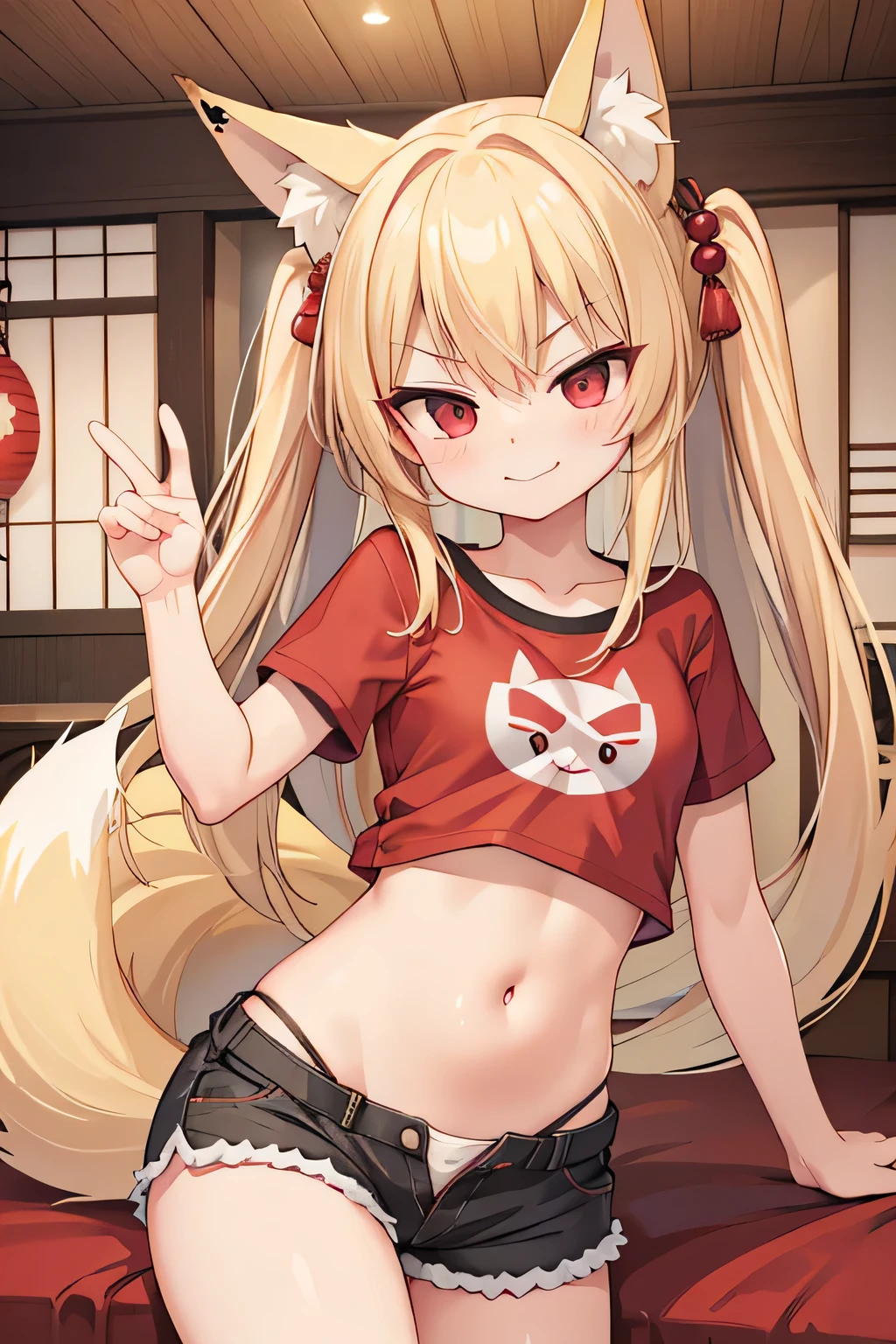 highest quality、Smirking face、Small breasts、Open chest、belly button、Fox ears、Long blonde、Red Eye、T-Shirts、Shorts、Japanese-style room