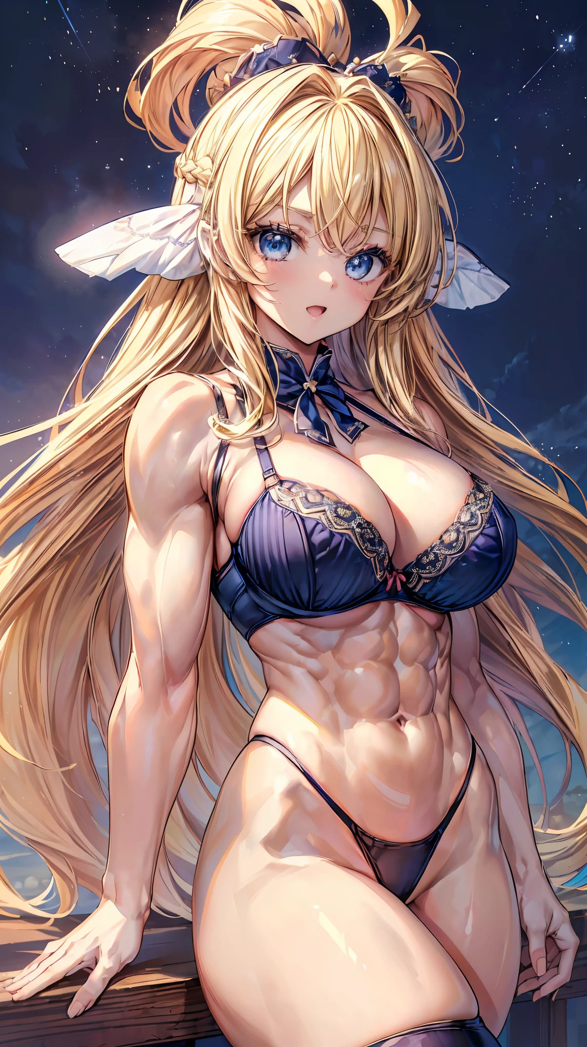 Very detailed、highest quality、Best image quality、masterpiece、8k、Anime Face、A kind smile、(Open your mouth:1.3)、Sparkling blue eyes、(Blonde semi-long hair:1.5)、(Muscles of the whole body:1.3)、(High leg panties:2.0)、Thigh belt、(Upper body photo:1.7)、(SFW Giant)、(Thick body:1.2)、(bra:1.5)