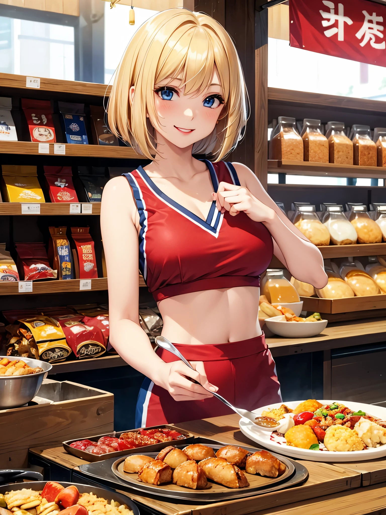 masterpiece, best quality, 1 girl, Blond hair,  messy bob cut, blue eyes, red shiny lipstick, sports sleeveless top, naughty light smile, Japan market stall, food stall, store clerk, cooking,