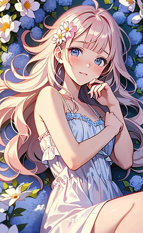 (masterpiece:1.4、top-quality、illustration:,realistic、)、(character focus、,cowboy shot:1.3)、(1girl),(clear face:1.3),(),cute face,blue eyes、(tareme:1.3)、(from above),
(Lying in a flower field:1.4),(fetal position:1.4)、(looking out:1.4),、
(pink blonde hair),(very long hair:1.5)、
,(Flower Field:1.3、Flower storm:1.3),(white camisole dress:1.5),
(blunt bangs),(volumey,sidelocks,wavy hair:1.3), (small breasts)、
、slender、