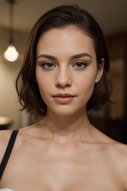 une femme, 25 ans, delicate, cheveux de longueur moyenne, Cheveux bruns, skin details, pores de la peau, éclairé par les flashs des photographes, posant, Photo shoot, To L'interior of'a huge bush of red roses, lingerie rose