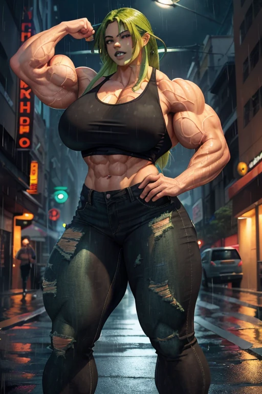 ((((Massive, beautiful, buff, soaking wet, light brown skinned, muscular woman with wet green hair, black lipstick, ginormous bulky muscles, flexing biceps and wearing a tight black tank top and denim pants)))), close view, massive muscles, massive biceps, hyper muscle triceps, (long curvy hair), orange eyes, fingerless gloves, high heels boots, (in a heavily rainy street), night, smug smile, hyper muscles arms, hyper muscle legs, massive arms.